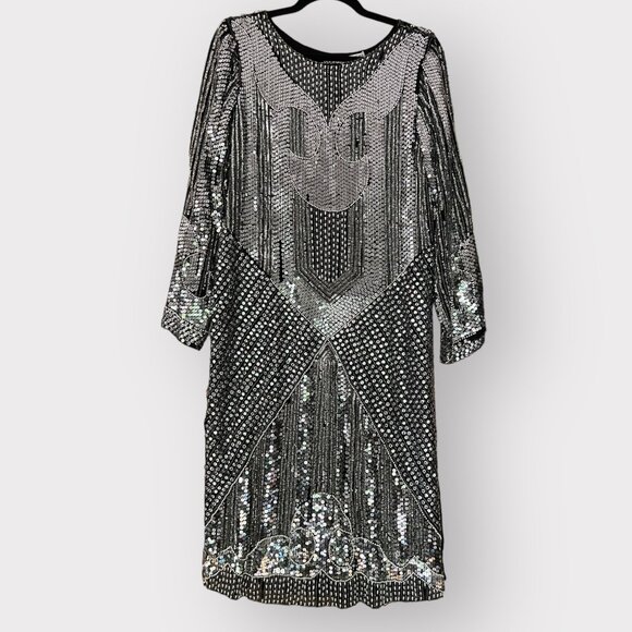 Vintage Sho Max Size S Silver Sequin Beaded Silk Long Sleeve Midi Disco Dress - Picture 5 of 12